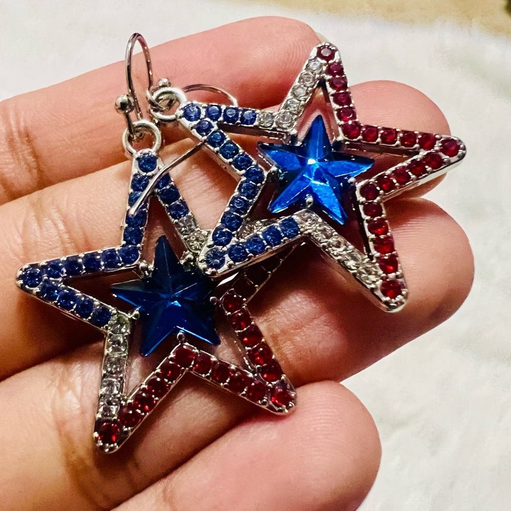 Patriotic Blue Star Crystal Drop Earrings - Women Jewelry